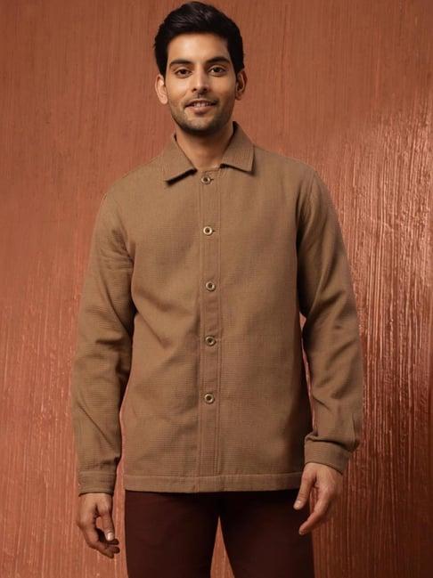 fabindia brown cotton straight fit texture jacket