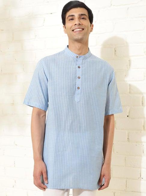 fabindia blue cotton regular fit striped short kurta