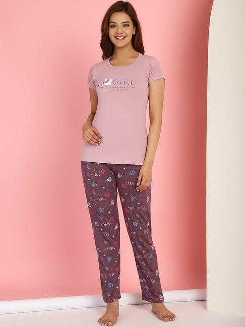 gracit pink & brown cotton printed top with pyjamas