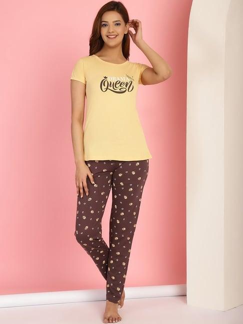 gracit yellow & brown cotton printed top with pyjamas