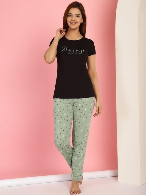 gracit black & green cotton printed top with pyjamas