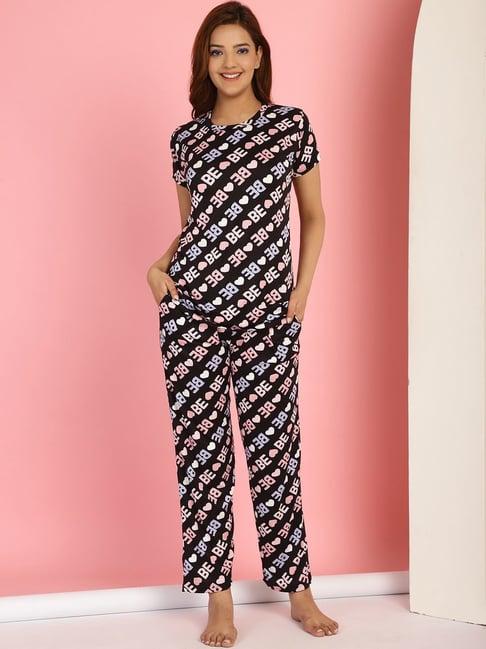 gracit black cotton printed top with pyjamas