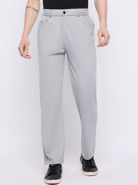 okane grey regular fit flat front trousers