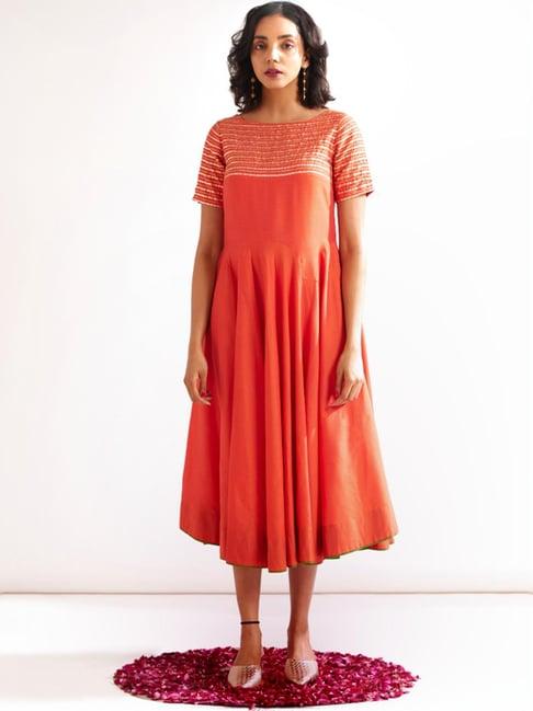 abhishti orange striped a-line dress