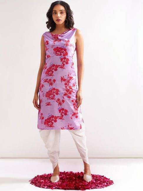 abhishti purple & white floral print kurta dhoti pant set