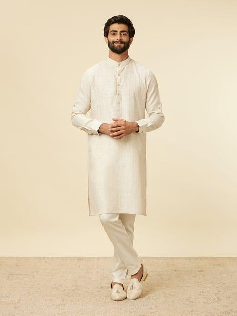 manyavar light beige regular fit striped kurta