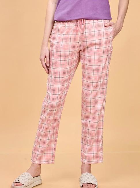 enamor baby pink cotton chequered lounge track pants