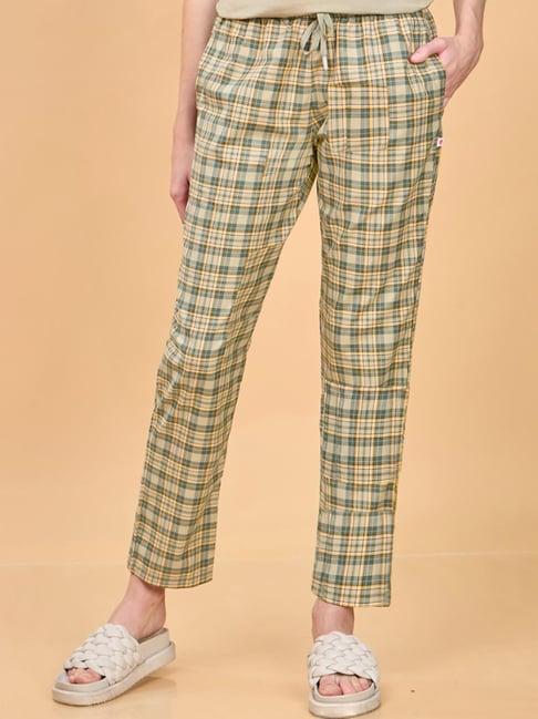 enamor beige & green cotton chequered lounge track pants