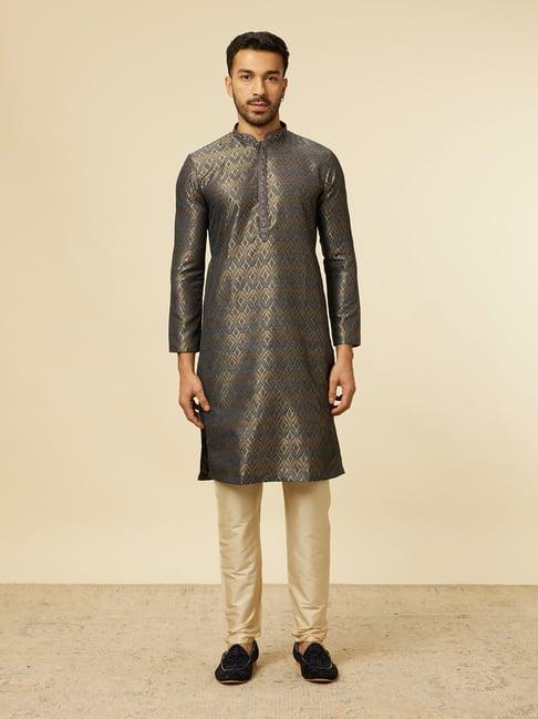 manyavar blue & beige regular fit embroidered kurta & pyjamas set