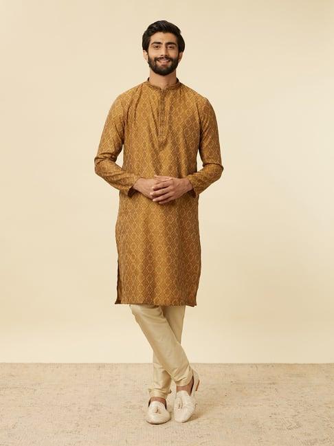 manyavar fawn & beige regular fit printed kurta & pyjamas set