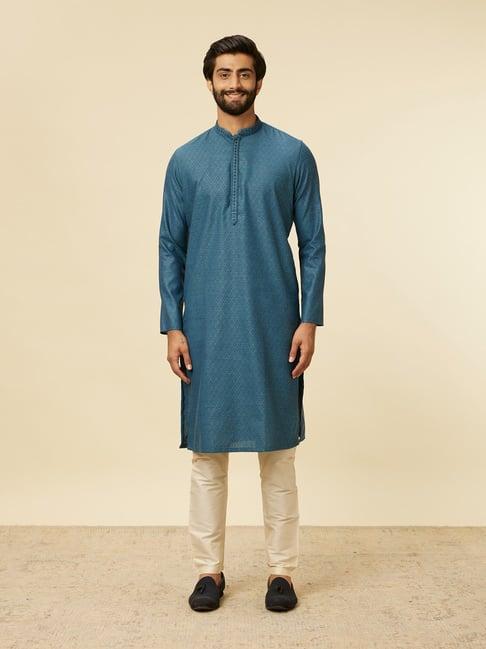 manyavar blue & beige regular fit embroidered kurta & pyjamas set