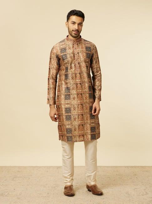 manyavar fawn & beige regular fit printed kurta & pyjamas set