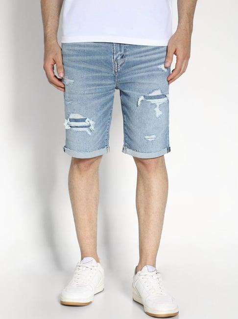 american eagle blue regular fit distressed denim shorts