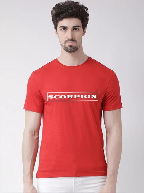 friskers red cotton slim fit printed t-shirt