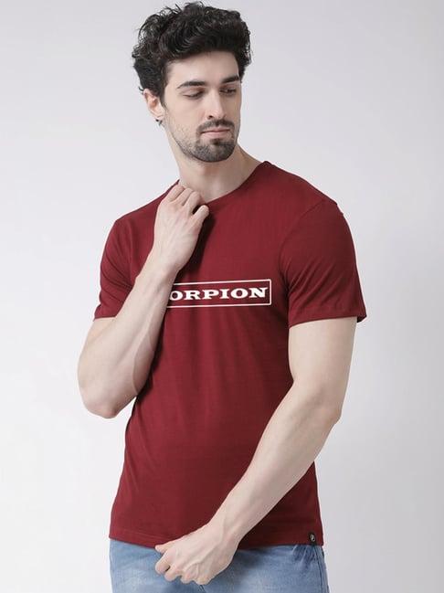 friskers maroon cotton slim fit printed t-shirt