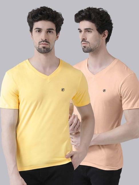 friskers yellow & coral cotton slim fit t-shirt