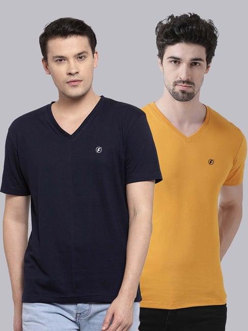 friskers navy blue & mustard cotton slim fit t-shirt