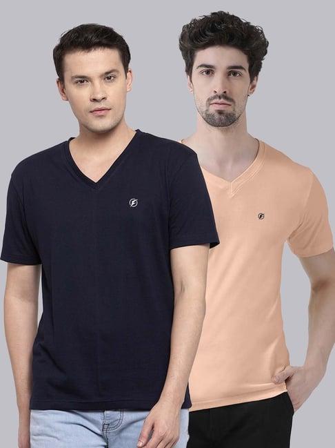 friskers navy blue & coral cotton slim fit t-shirt