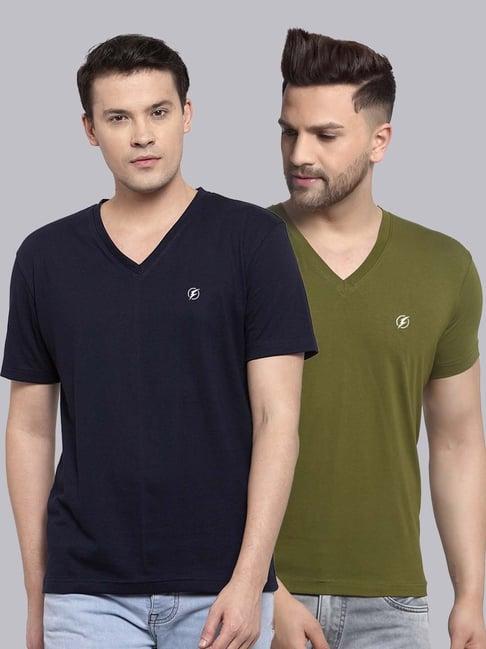 friskers navy blue & olive green cotton slim fit t-shirt