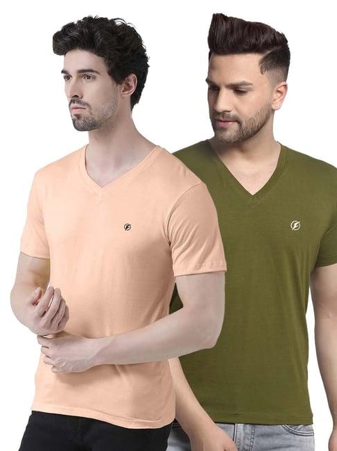 friskers coral & olive green cotton slim fit t-shirt