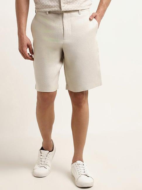 ascot by westside solid cream mid rise relaxed fit linen shorts