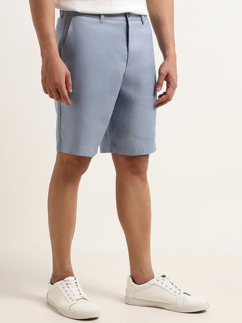 ascot by westside solid blue mid rise relaxed fit linen shorts