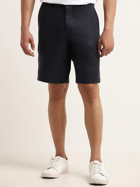 ascot by westside solid navy mid rise relaxed fit linen shorts