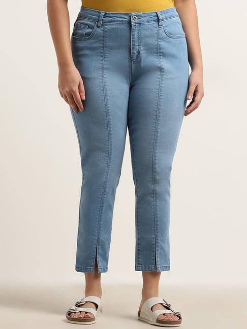 gia by westside blue seam-detailed mid rise skinny fit jeans