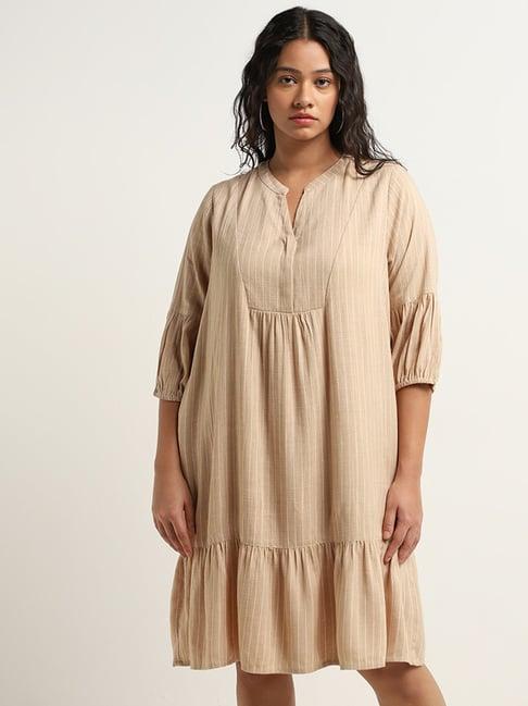 gia by westside beige striped blended linen straight dress