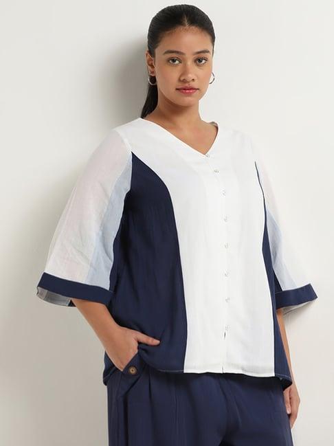 gia by westside white & navy colorblock blouse