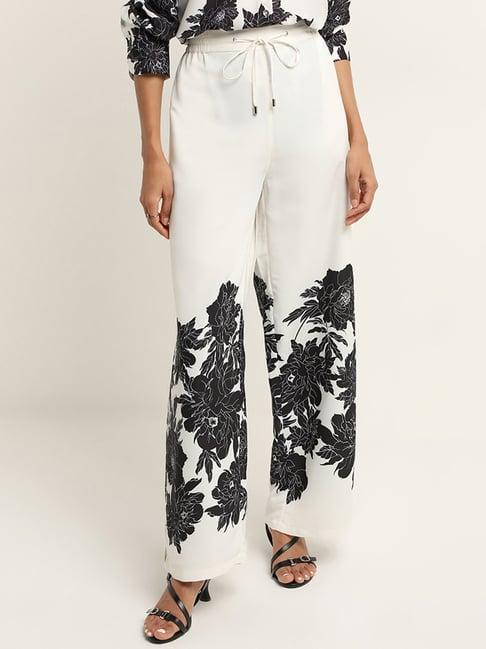 wardrobe by westside ivory floral printed mid-rise pants