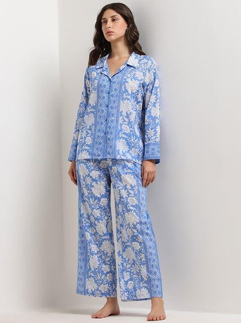 wunderlove by westside blue floral printed shirt and pyjamas set