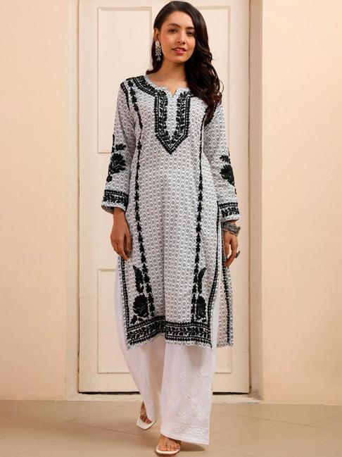 house of chikankari white & black embroidered straight kurta