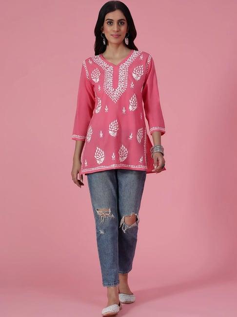 house of chikankari pink embroidered straight short kurti