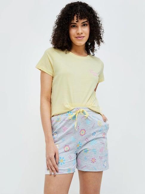 ginger by lifestyle yellow cotton printed t-shirt short set