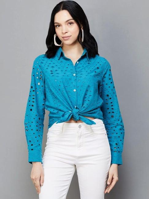 colour me by melange blue cotton embroidered shirt