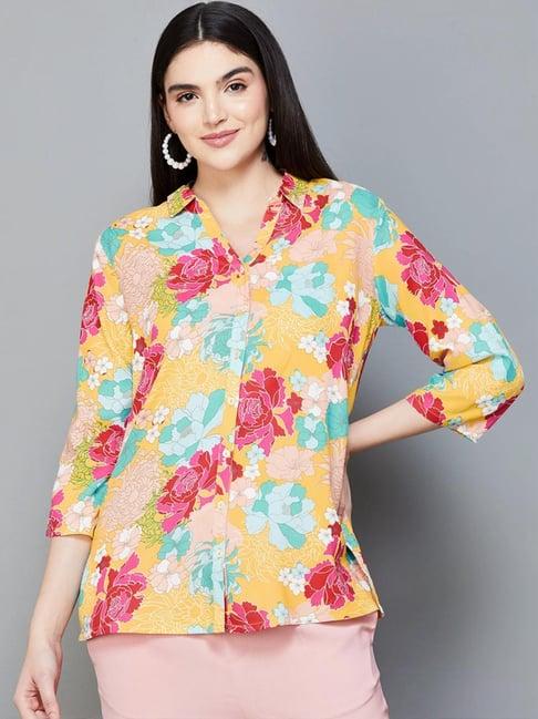 melange by lifestyle yellow floral print shirt