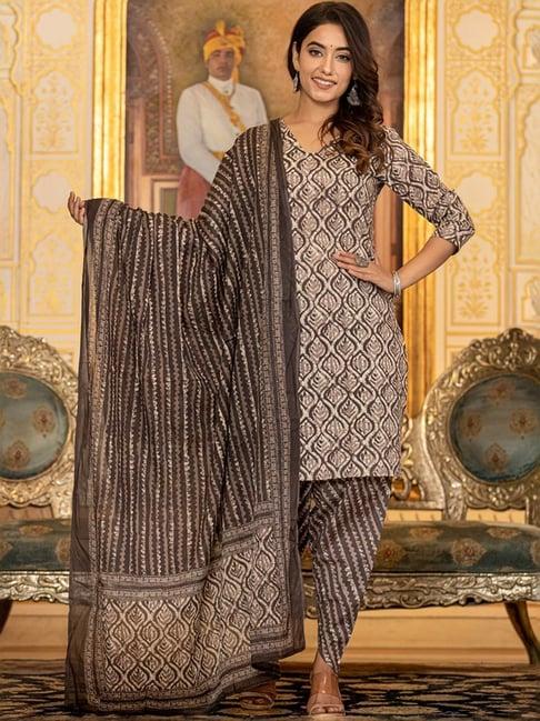 yufta grey cotton printed kurta dhoti pant set with dupatta