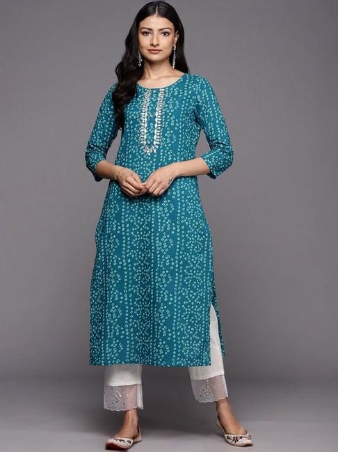 varanga turquoise cotton printed straight kurta