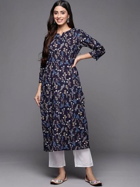 varanga navy cotton floral print straight kurta