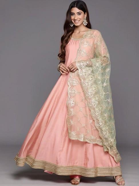 varanga peach embellished anarkali kurta with dupatta