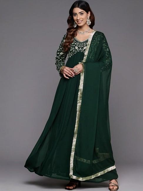 varanga green embroidered anarkali kurta with dupatta