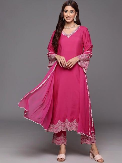 varanga pink embroidered kurta pant set with dupatta