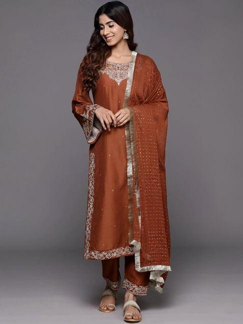 varanga brown embroidered kurta pant set with dupatta