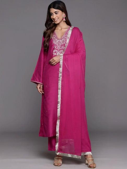 varanga fuchsia pink embroidered kurta pant set with dupatta