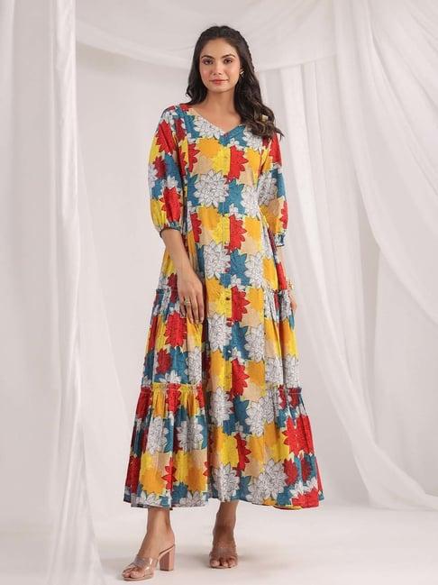 janasya multicolored cotton floral print maxi dress