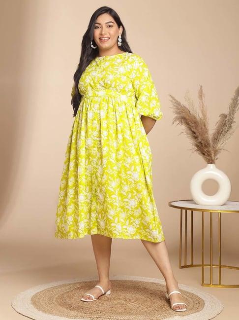 janasya yellow cotton floral print a-line dress