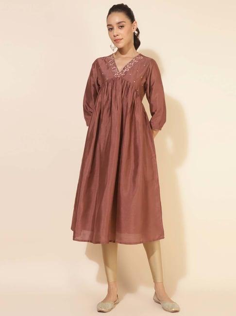 janasya brown embroidered a line kurta