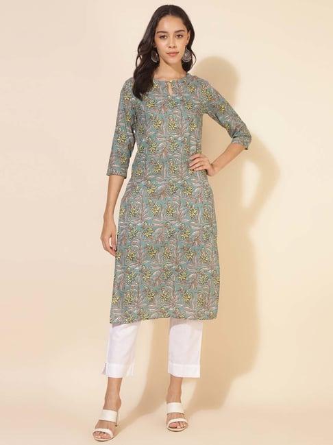 janasya blue cotton floral print straight kurta