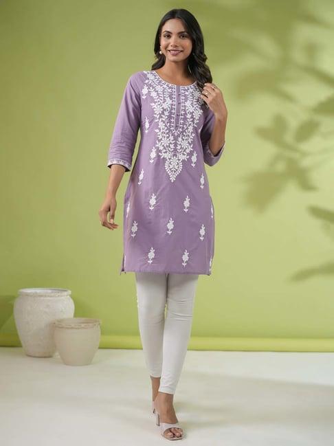 janasya purple cotton embroidered straight kurti